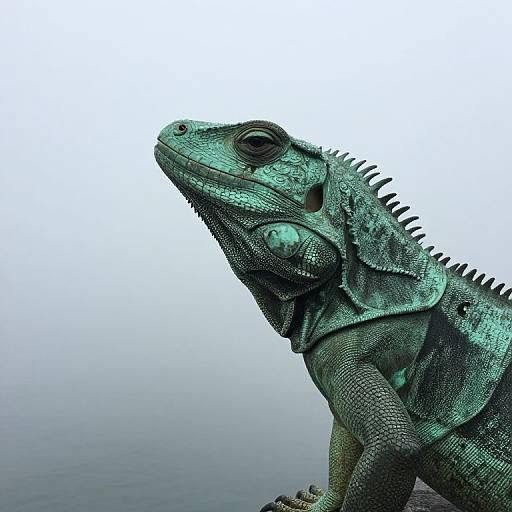 Photograph of a green iguana with textured scales and prominent spines, looking upwards against a white and blue gradient background.