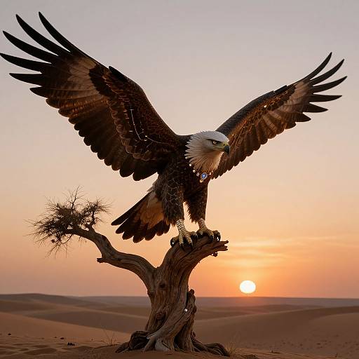 Photograph of a majestic bald eagle with wings spread, perched on a desert tree at sunset, wearing a blue feather necklace.