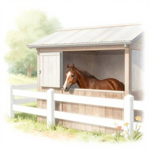 Digital illustration of a brown horse standing in a wooden, white-trimmed stable, with a white fence in front and green grass and flowers in the