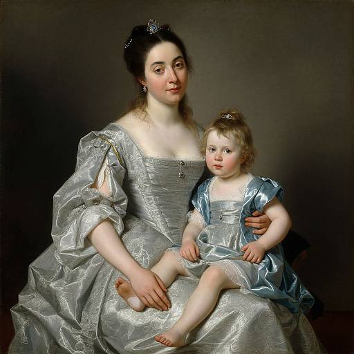 Baroque painting of a fair-skinned woman in a silver gown, holding a blonde toddler in a blue dress, dark background.