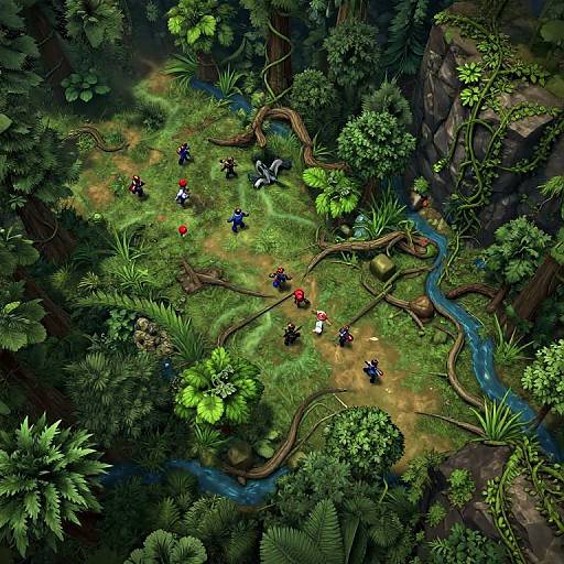 Aerial CGI of a lush jungle with winding river, dense foliage, and six colorful, armored characters exploring along a winding path.