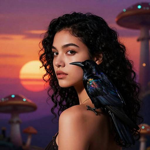 Psychedelic Girl with Raven and Mushrooms