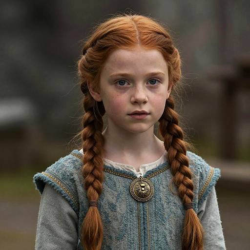 Photograph of a young red-haired girl with braided pigtails, wearing a blue, textured medieval-style dress, with a detailed brooch,