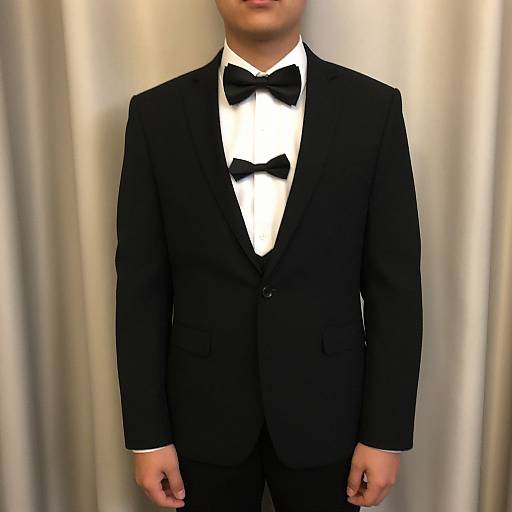 Photograph of a man from neck to waist, wearing a black tuxedo with a white shirt and black bow tie, against a beige curtain background