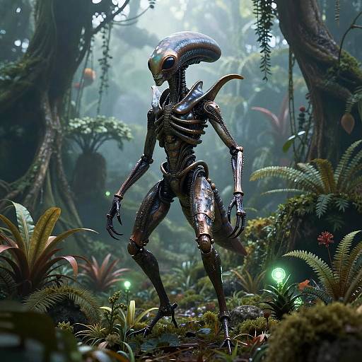 Photorealistic CGI of a metallic, insectoid alien with a sleek, segmented body and large, dome-shaped head in a dense, misty jungle