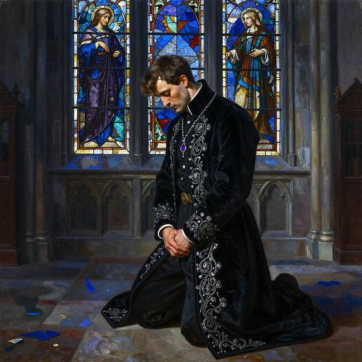 A young man in ornate black robes kneels before vibrant stained glass windows in a Gothic cathedral, hands clasped in prayer. Digital painting.