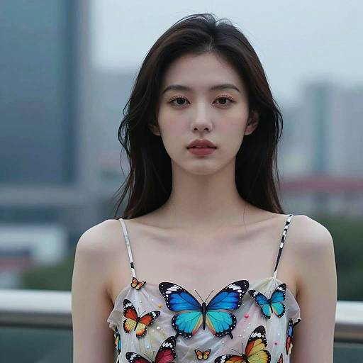 Woman Wearing Butterfly Dress in Cityscape