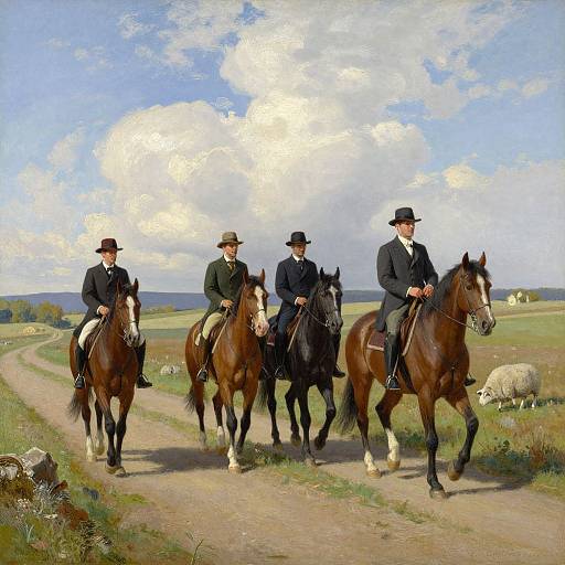 Four men in black attire and hats riding brown horses on a rural dirt path, with sheep grazing in the background, under a bright blue sky with fluffy