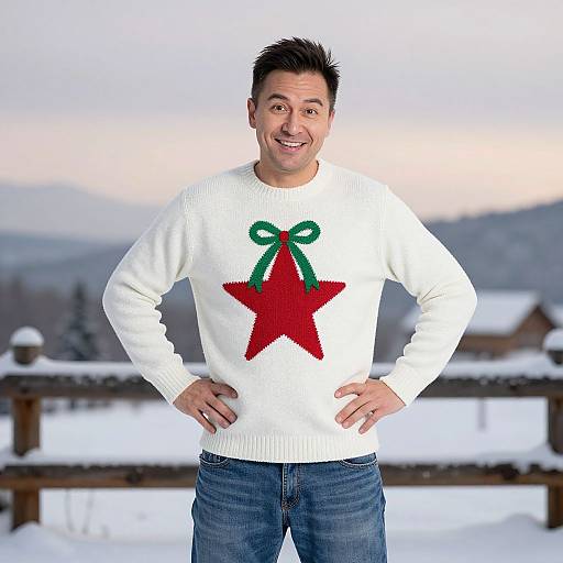 Photograph of smiling man in white sweater with large red star and green ribbon, standing in snowy outdoor setting at sunset.