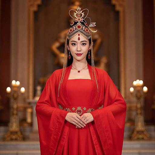 Photograph of a young Asian woman in a vibrant red traditional dress, adorned with a gold and jewel-encrusted headpiece, standing in an