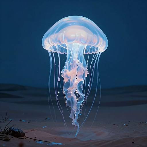 Photograph of a glowing, translucent jellyfish with white and blue luminescent tentacles floating in a dark blue underwater scene.