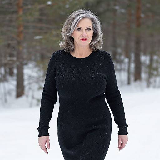 Photograph of a middle-aged woman with gray hair, wearing a black long-sleeve dress, standing in a snowy forest. She smiles confidently,