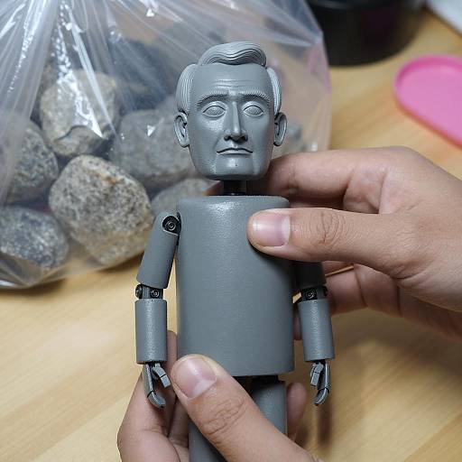 Gray Metal Puppet Held by Hands