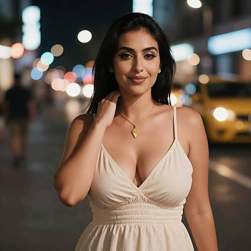 Photograph of a beautiful woman with dark hair, tan skin, and large breasts, wearing a white, low-cut dress and gold necklace, standing on