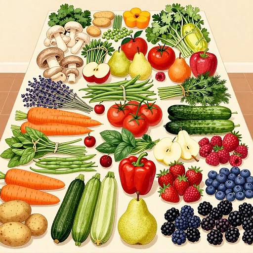 Vibrant digital illustration of assorted fresh vegetables and fruits including tomatoes, carrots, cucumbers, strawberries, raspberries, and mushrooms on a white
