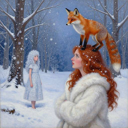Digital artwork: Red-haired woman in white fur coat, fox on head, snowy forest; white-dressed girl with snow hat in background.