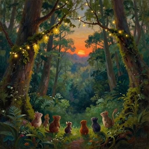 Digital painting of six whimsical, anthropomorphic squirrels sitting in a magical forest, facing a vibrant sunset. String lights drape between tall trees,