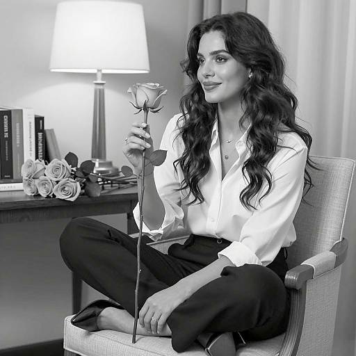 Woman Sitting with Rose in Black and White