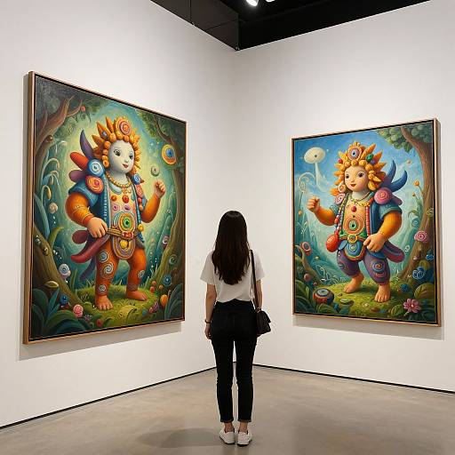 Photograph of a woman with long black hair, white top, black pants, and white shoes, standing in an art gallery, facing two vibrant,