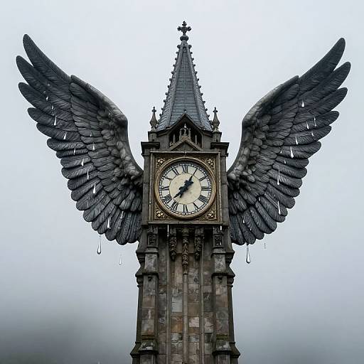 Photograph of a Gothic-style clock tower with dark, feathered angel wings, set against a cloudy, overcast sky. Clock face shows 10