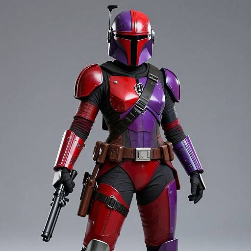 Photorealistic CGI of a Mandalorian-style armored figure in red and purple, helmeted, holding a pistol, with a gun belt and shoulder strap