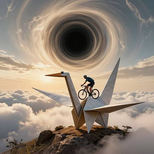 Photograph of cyclist in silhouette riding on giant paper airplane, with swirling black sun and clouds in the background.