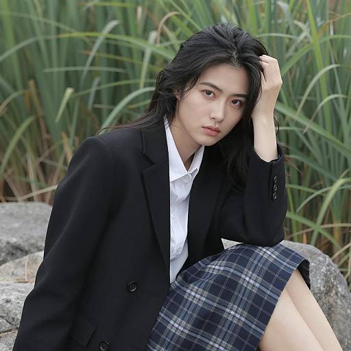 Asian Woman in Black Blazer Sitting Outdoors