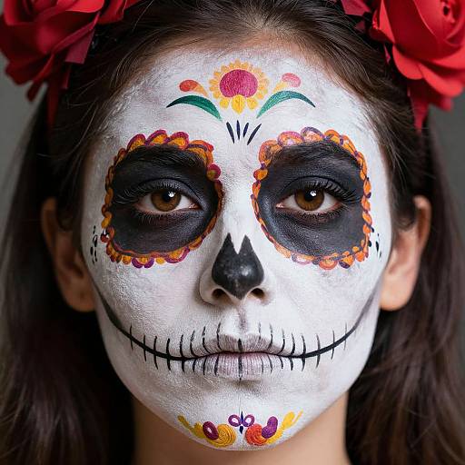 Close-up photograph of a young girl with white face paint, black eye sockets, red flower designs, black nose and mouth, wearing a red flower head
