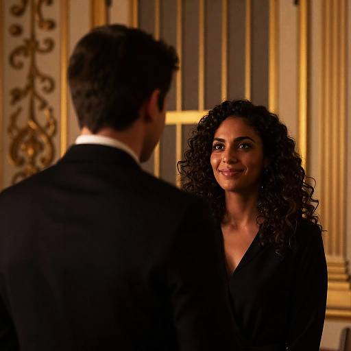 Two People Conversing in Ornate Golden Room