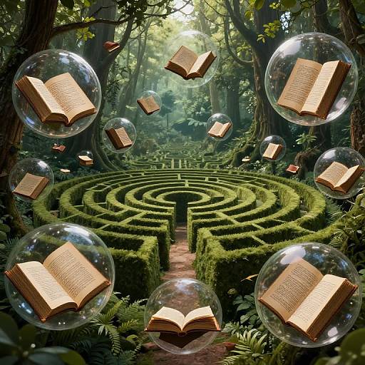 Magical forest maze with lush greenery, floating transparent bubbles containing open books, sunlight filtering through dense trees. Whimsical, surreal scene.