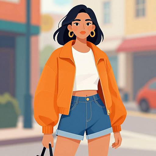Digital illustration of a confident woman with long black hair, wearing an orange jacket, white crop top, blue shorts, gold hoop earrings, and holding a
