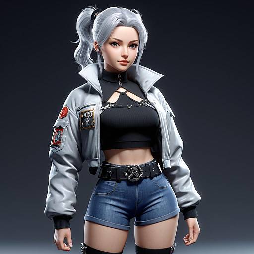 CGI image of a confident, silver-haired woman with high ponytail, wearing a silver jacket, black crop top, blue shorts, and thigh-high
