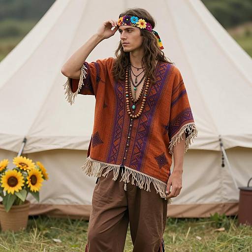 Young Man in Hippie Costume by Tent