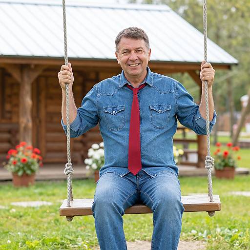 Middle-aged man with short brown hair, wearing blue denim shirt and red tie, smiling while sitting on a wooden swing, in front of a wooden cabin