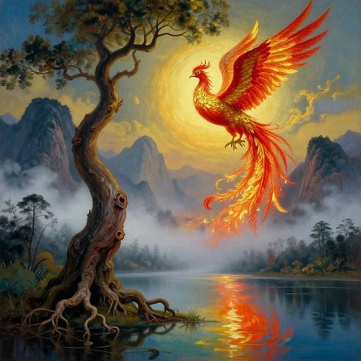 Digital painting of a radiant, fiery phoenix with outstretched wings perched on a twisted tree by a misty lake, reflecting mountains and a glowing