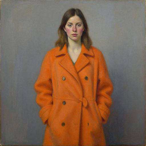 Realistic oil painting of a young woman with pale skin, brown hair, and pink cheeks, wearing an orange double-breasted coat, hands in pockets