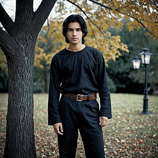 Young Man Standing Outdoors by Tree in Autumn