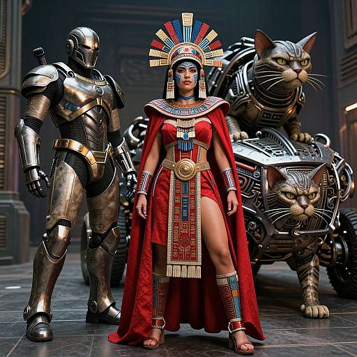 Photorealistic CGI: Ancient Egyptian woman in red headdress and robe, metallic knight, two large cats in futuristic, dimly lit hallway.