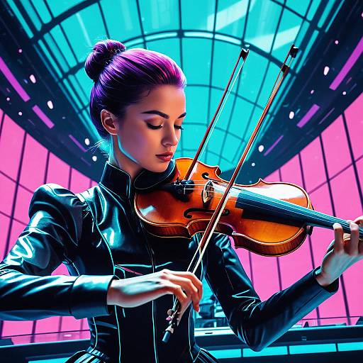 Futuristic Android Violinist in Synthwave Concert Hall