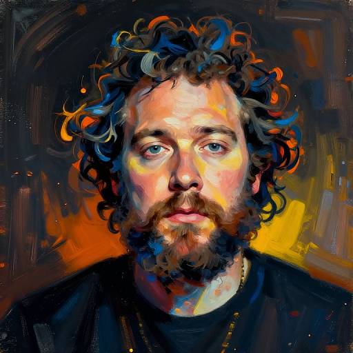 Vibrant digital painting of a curly-haired, bearded man with blue eyes, illuminated by orange and yellow brushstrokes against a dark background.