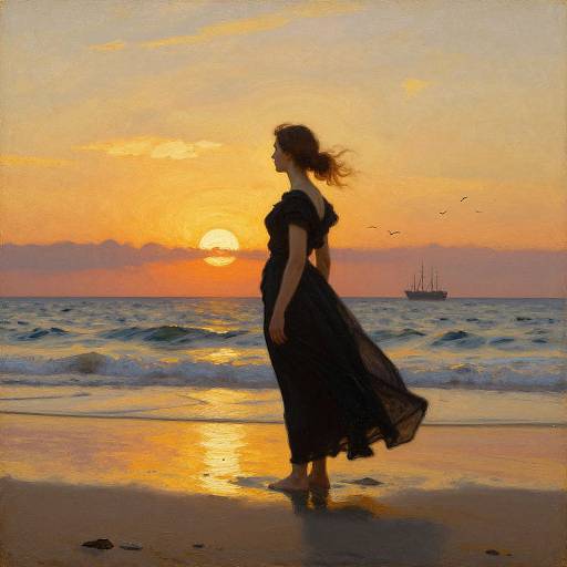 Silhouetted woman in black dress walks on beach at sunset, waves gently crashing, distant ship, orange sky, birds flying. Digital art.