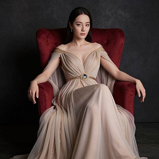 Photograph of a fair-skinned woman with dark hair, wearing a beige off-shoulder gown with gold accents, seated in a red velvet arm