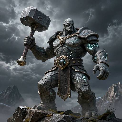 Digital artwork of a muscular, stone-skinned warrior with glowing blue runes, wielding a large hammer, standing on a rocky mountain under stormy skies.