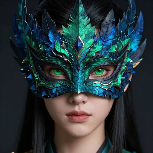 Photorealistic portrait of a young woman with green eyes, wearing an elaborate blue and green feathered masquerade mask, against a dark background.