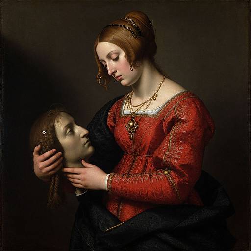 Renaissance-style painting: A pale-skinned woman in a red, embroidered dress cradles a lifelike, masked head, gazing