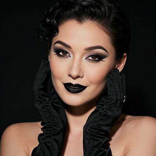 Photograph of a woman with dark, wavy hair, black lipstick, dramatic eye makeup, and black, ruffled neck accessories against a black background