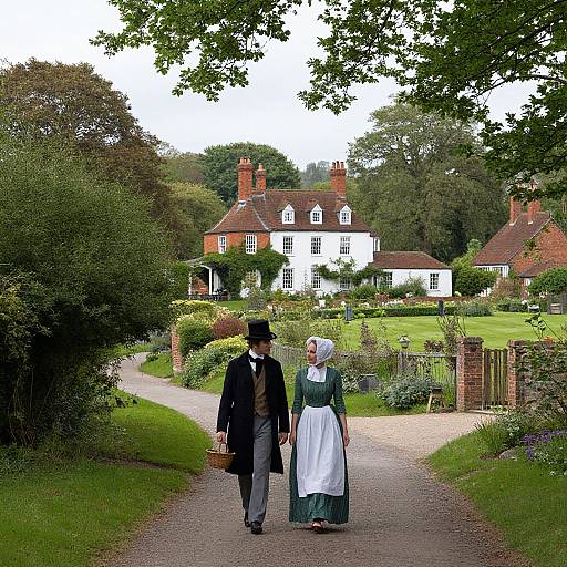 Photograph of Victorian-era couple in black suit and maid dress walking on gravel path, leading to white, red-roofed English countryside house surrounded by
