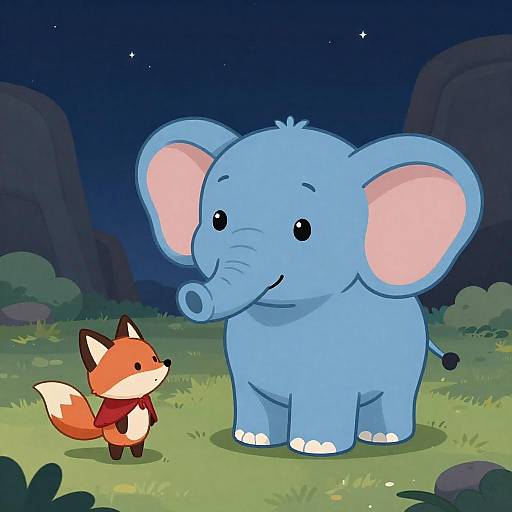 Cheerful Cartoon Elephant Under Starry Sky