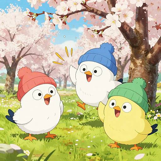 Digital illustration of three cute, cartoon chickens in colorful beanie hats (red, blue, green) dancing joyfully under cherry blossom trees. Bright,