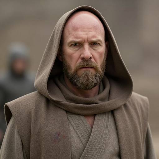 Photograph of a bearded, bald middle-aged man with a serious expression, wearing a brown hooded robe, set against a blurred, gray outdoor